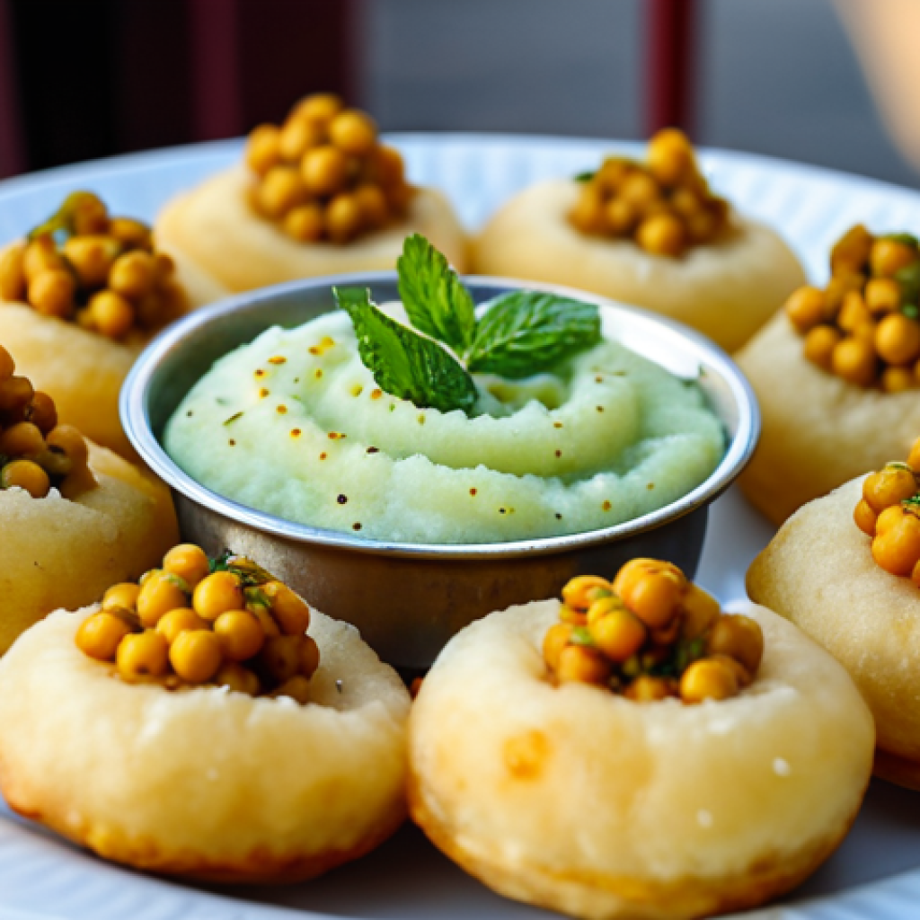 A close-up, top-down view of vibrant Pani Puri, featuring perfectly round, golden-fried puris with a small opening. Each puri is filled with soft mashed potatoes and chickpeas, generously drizzled with a light green, refreshing, tangy tamarind and mint pani. The scene is set on a clean, inviting food stall by Juhu Beach in Mumbai, with a soft, warm sunset glow in the blurred background. The atmosphere is serene and cooling. High-resolution, professional food photography, correct proportions, natural composition, fully clothed, appropriate attire, safe for work, family-friendly content, modest presentation.