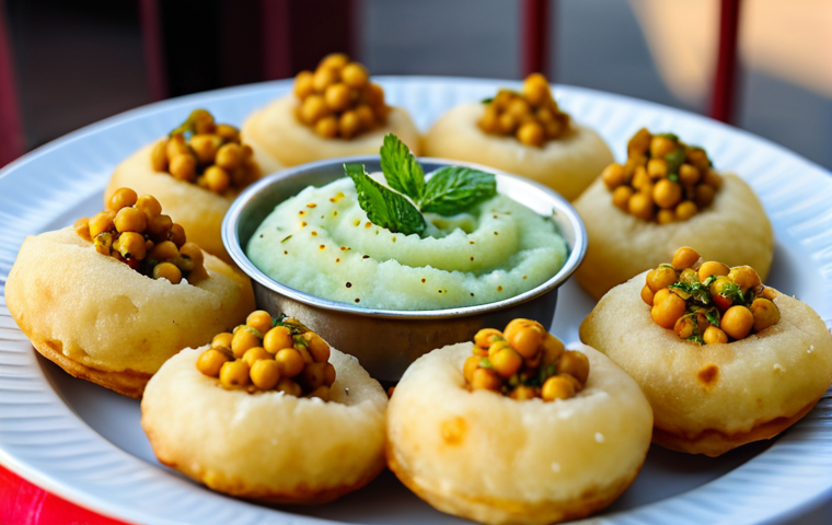 A close-up, top-down view of vibrant Pani Puri, featuring perfectly round, golden-fried puris with a small opening. Each puri is filled with soft mashed potatoes and chickpeas, generously drizzled with a light green, refreshing, tangy tamarind and mint pani. The scene is set on a clean, inviting food stall by Juhu Beach in Mumbai, with a soft, warm sunset glow in the blurred background. The atmosphere is serene and cooling. High-resolution, professional food photography, correct proportions, natural composition, fully clothed, appropriate attire, safe for work, family-friendly content, modest presentation.