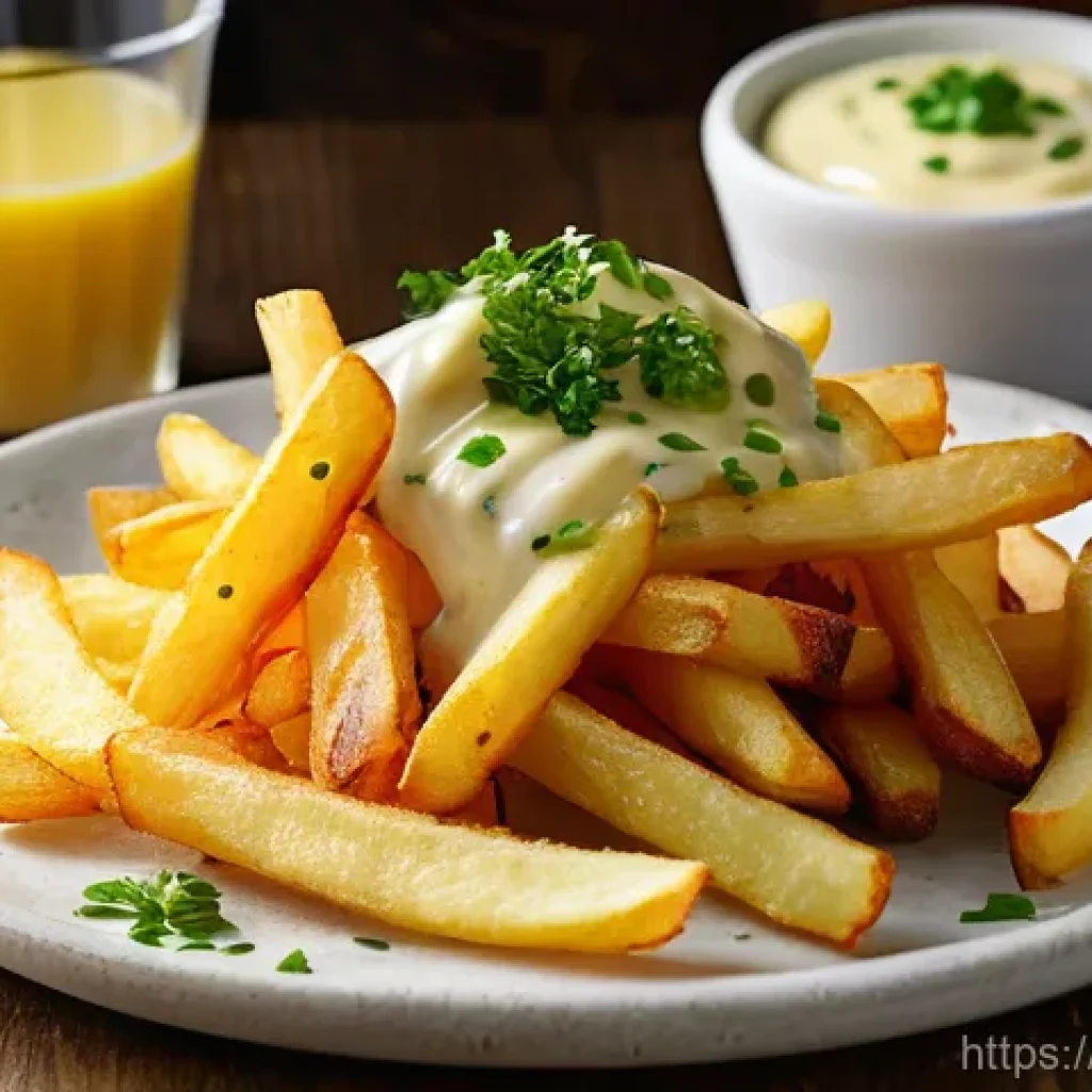 스웨덴 튜닝 감자튀김 스페셜 프렌치프라이 - **Prompt:** A gourmet platter of perfectly golden-brown French fries, showcasing a delightful mix of...