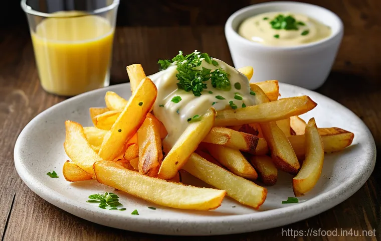 스웨덴 튜닝 감자튀김 스페셜 프렌치프라이 - **Prompt:** A gourmet platter of perfectly golden-brown French fries, showcasing a delightful mix of...