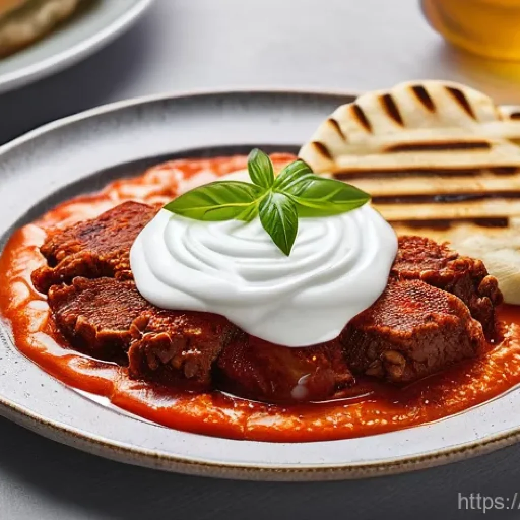 터키 케밥 종류별 특징 - **Iskender Kebab Feast:** A close-up shot of a beautifully presented Iskender Kebab on a traditional...