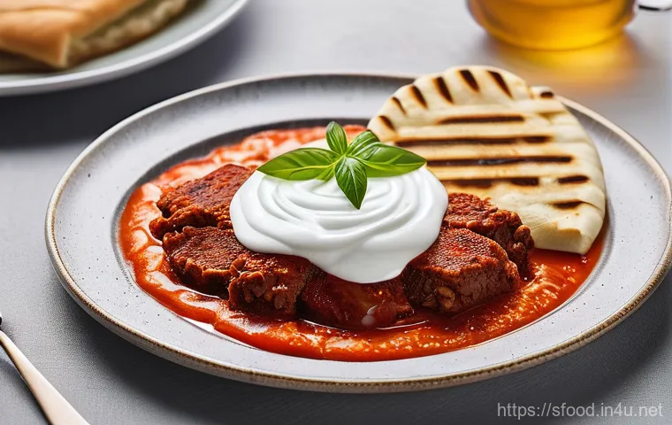 터키 케밥 종류별 특징 - **Iskender Kebab Feast:** A close-up shot of a beautifully presented Iskender Kebab on a traditional...