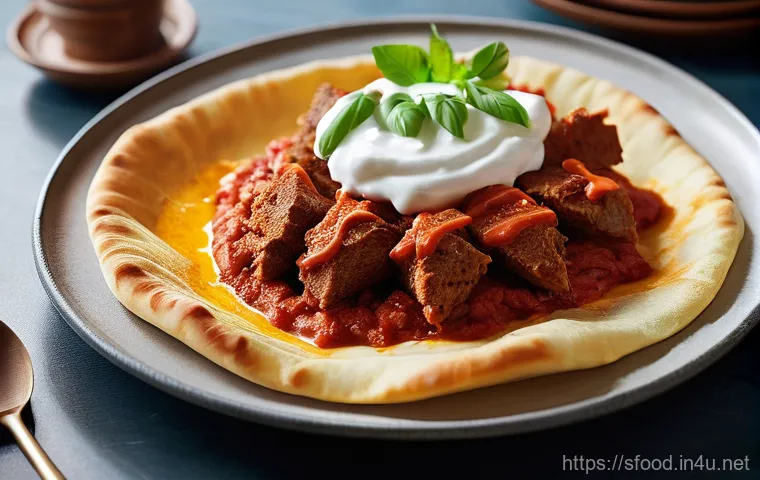 터키 케밥 종류별 특징 - **Iskender Kebab Feast:** A close-up shot of a beautifully presented Iskender Kebab on a traditional...