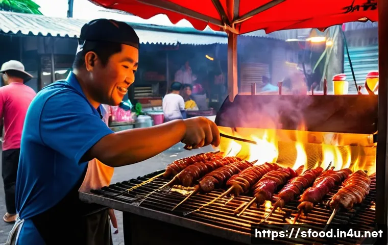 필리핀 이사우 닭 내장 꼬치 먹는 법 - A close-up, vibrant street photography shot of a Filipino street food vendor expertly grilling "Isaw...